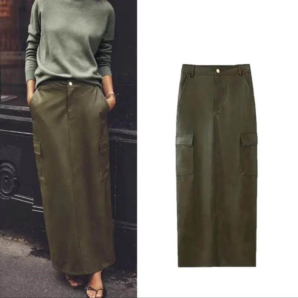Faux leather cargo skirt long - XS XXS
